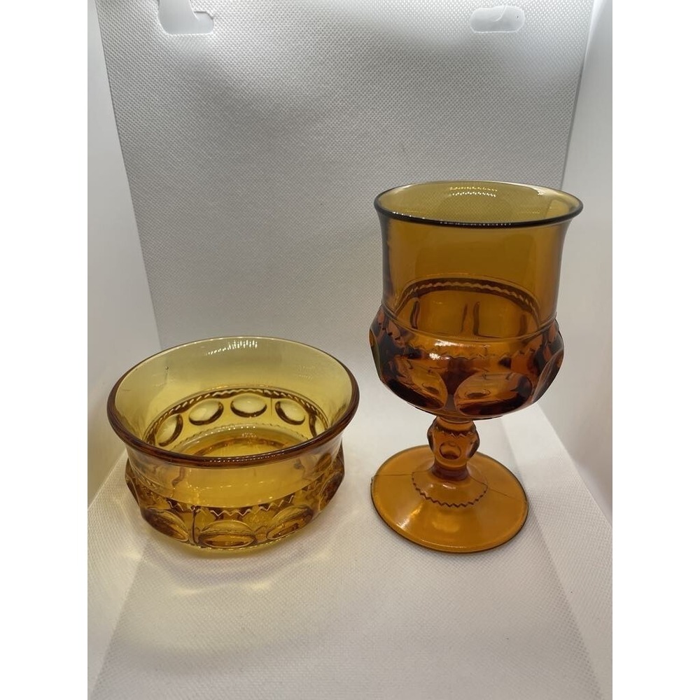 Vtg Indiana Glass Kings Crown Thumbprint Amber Goblet Sherry Wine Glass & Bowl
